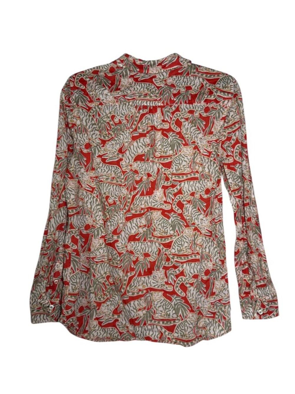 Talbots Grazing Tiger Cotton Button Front Shirt Animal Print Size L Green Red - Picture 3 of 8
